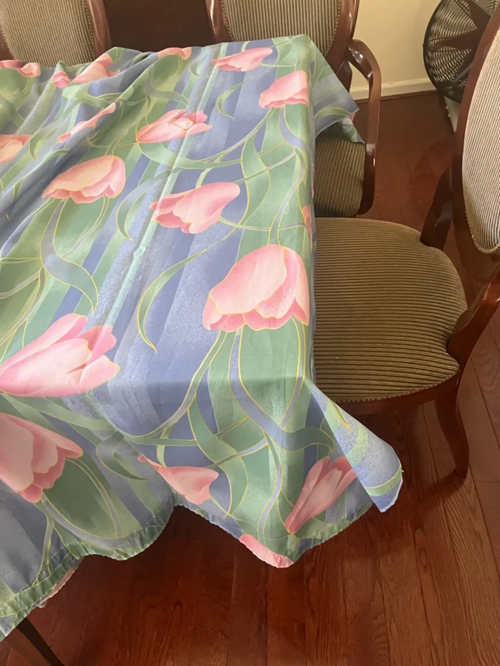 Floral Pink Tulip Shower Curtain Panel - Green & Blue Background